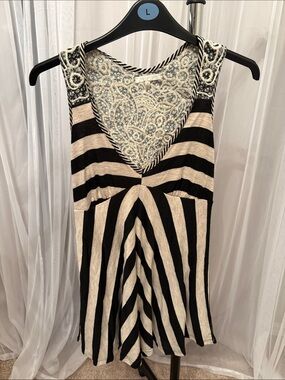 just ginger Black and Cream Striped Sleeveless Top with Embellished Neckline